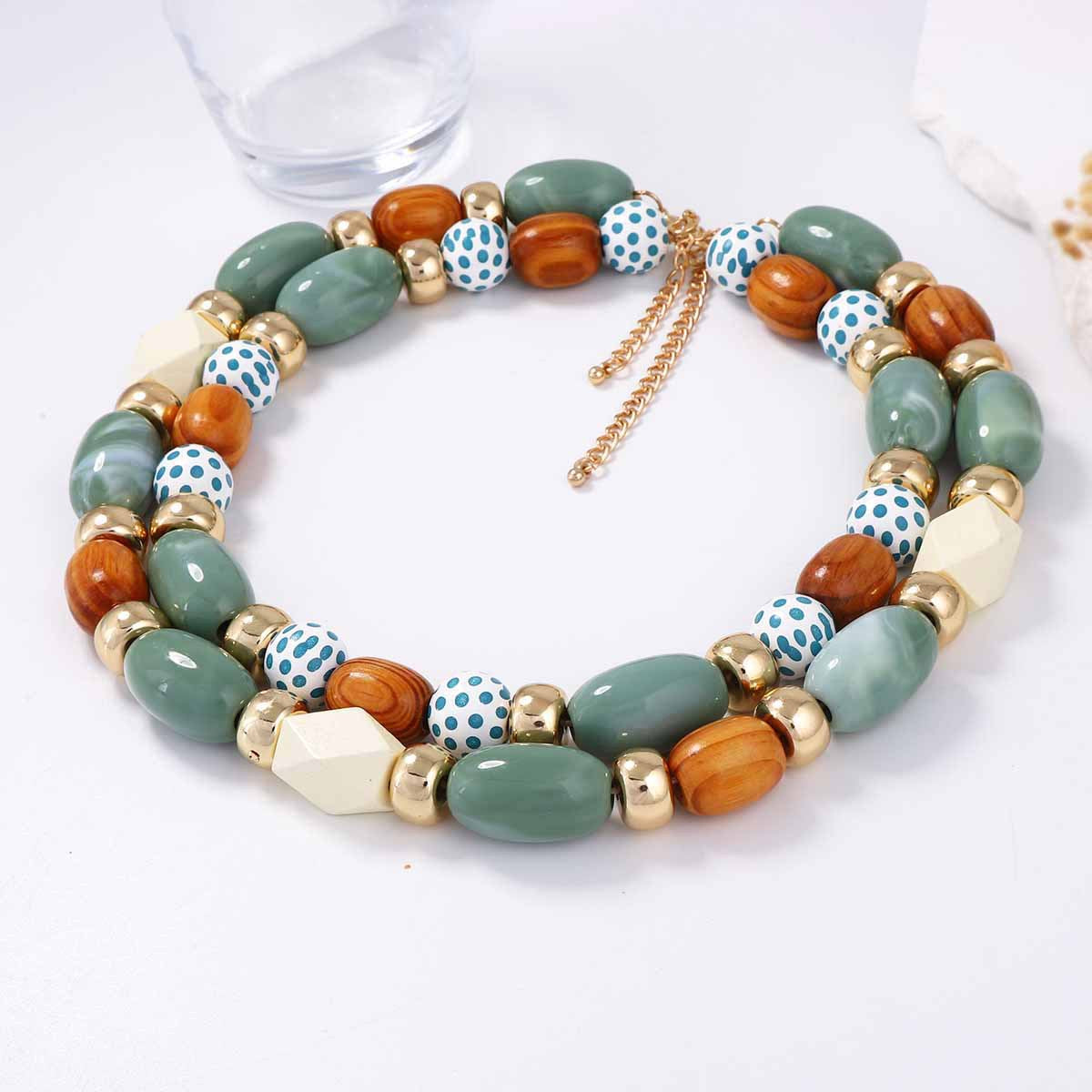 Bohemian Style Geometric Wooden Bead Layered Necklace – Versatile Tribal-Inspired Jewelry for Everyday Chic