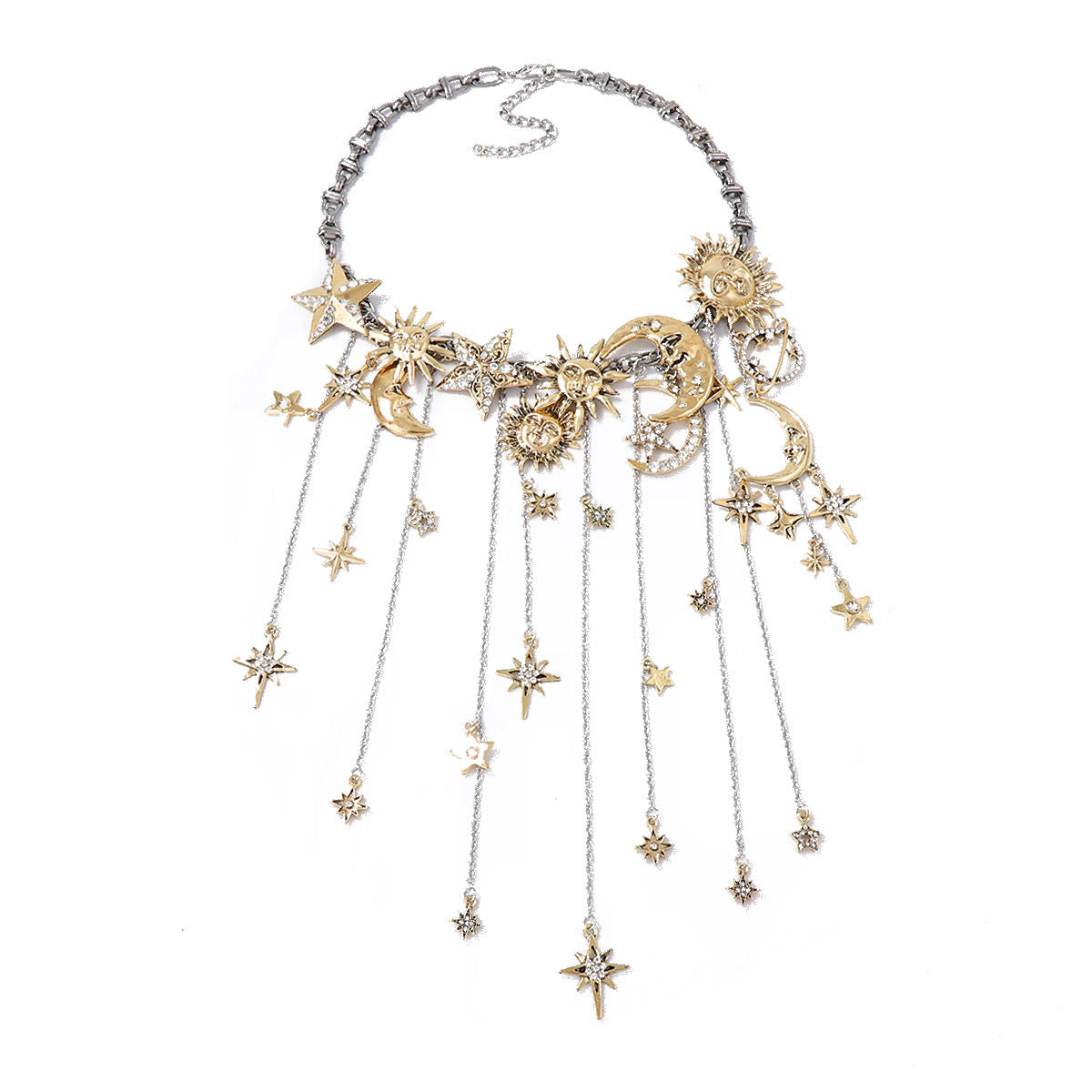 Vintage-Inspired Statement Alloy Necklace with Multi-Stone Moon, Star, and Sun Pendants - Elegant Tassel Design for a Luxe Look