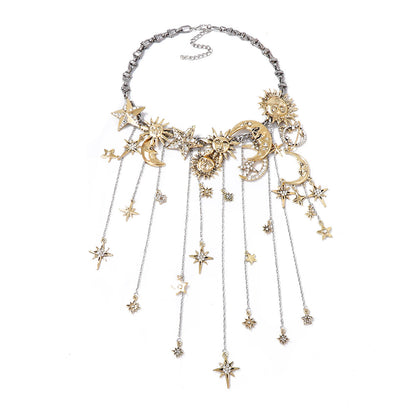Vintage-Inspired Statement Alloy Necklace with Multi-Stone Moon, Star, and Sun Pendants - Elegant Tassel Design for a Luxe Look