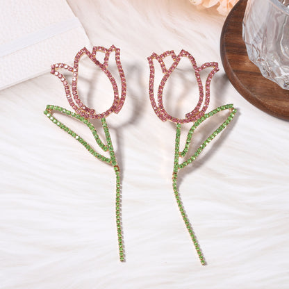 Luxurious Long Colorful Diamond Tulip Flower Earrings for Women - Exquisite Water Rhinestone Studs with an Elegant High-End Appeal