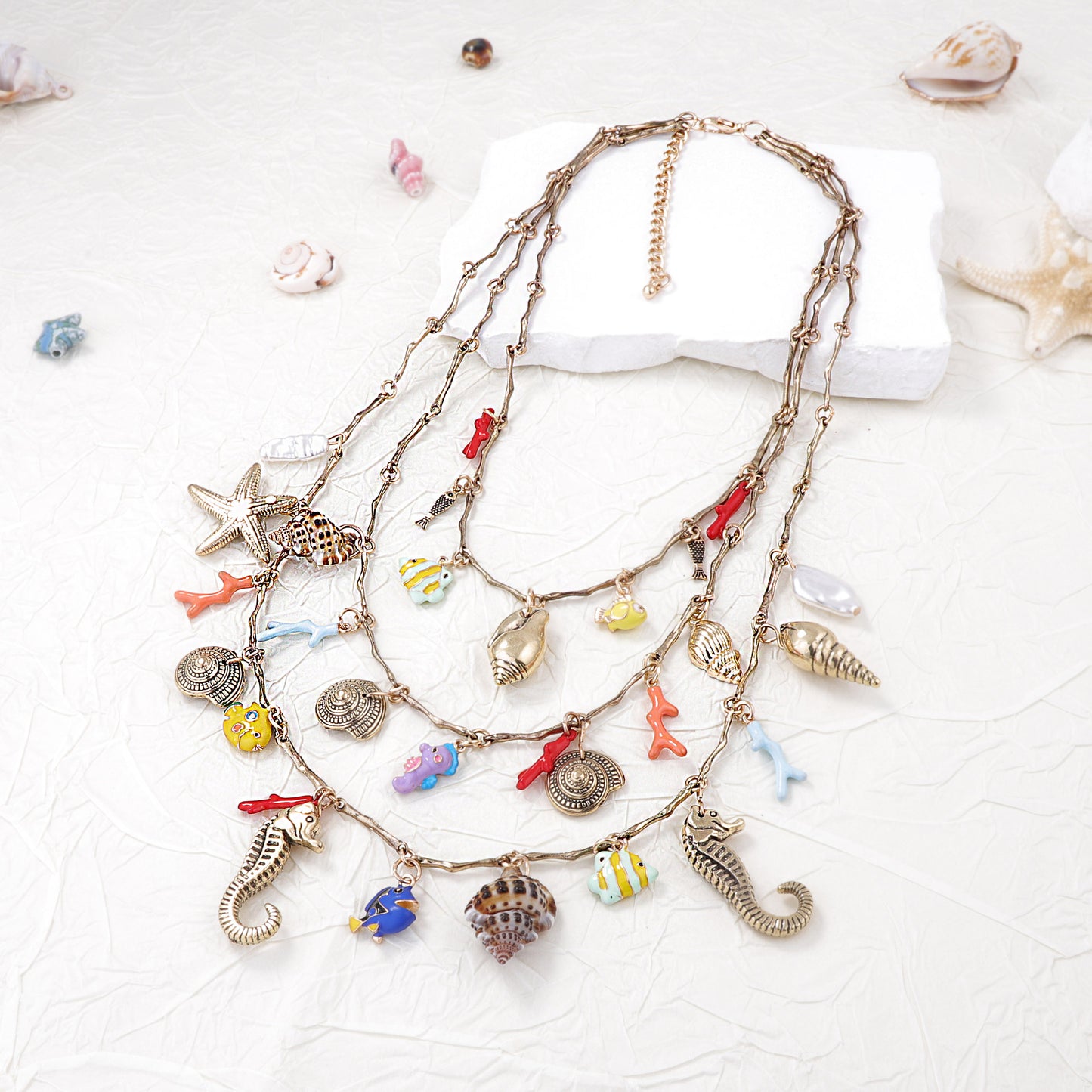 Chic Ocean-Inspired Layered Necklace with Alloy Seahorse, Shell, Starfish Charms & Faux Pearl - Perfect for Casual Vacations
