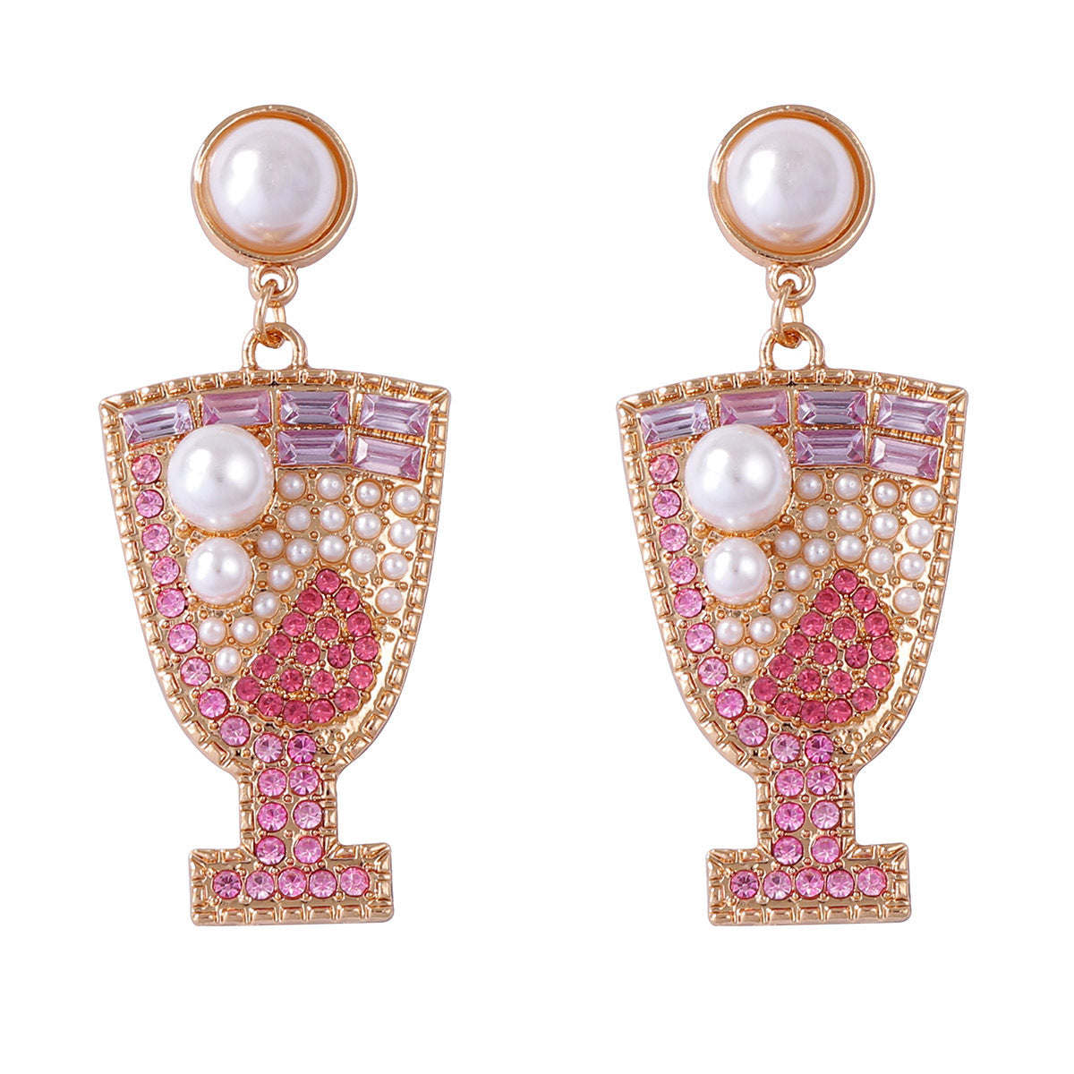 Unique Geometric Shaped Earrings with Dazzling Rhinestones - Elegant Pearl Studs Inspired by Cocktail Glass Design for Sophisticated Women's Jewelry