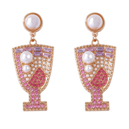 Unique Geometric Shaped Earrings with Dazzling Rhinestones - Elegant Pearl Studs Inspired by Cocktail Glass Design for Sophisticated Women's Jewelry