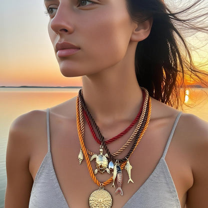 Handcrafted Summer Ocean-Inspired Colorful Rope Necklace with Unique Alloy Marine Animal Pendants – Perfect Accessory for Beach Lovers