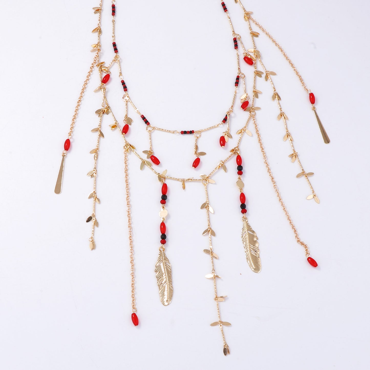 Elegant Layered Double-Strand Chain Necklace with Metal Leaf and Beaded Tassel Pendant - Perfect for Chic Women’s Fashion