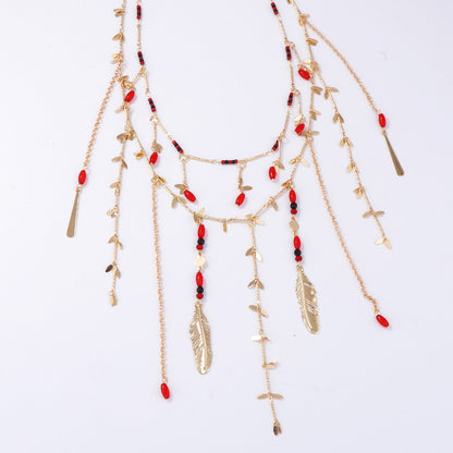 Elegant Layered Double-Strand Chain Necklace with Metal Leaf and Beaded Tassel Pendant - Perfect for Chic Women’s Fashion