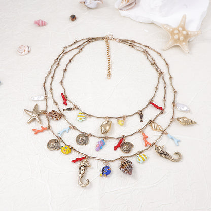 Chic Ocean-Inspired Layered Necklace with Alloy Seahorse, Shell, Starfish Charms & Faux Pearl - Perfect for Casual Vacations
