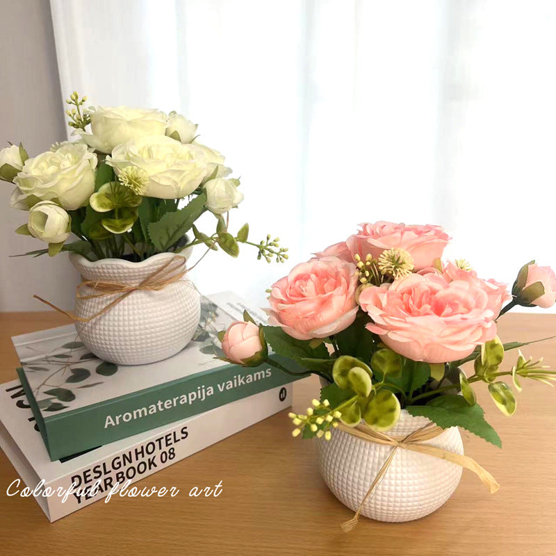 Realistic Faux Greenery Peony & Rose Potted Plant for Home Decor and Office Desk Arrangement - Perfect for Photography Props