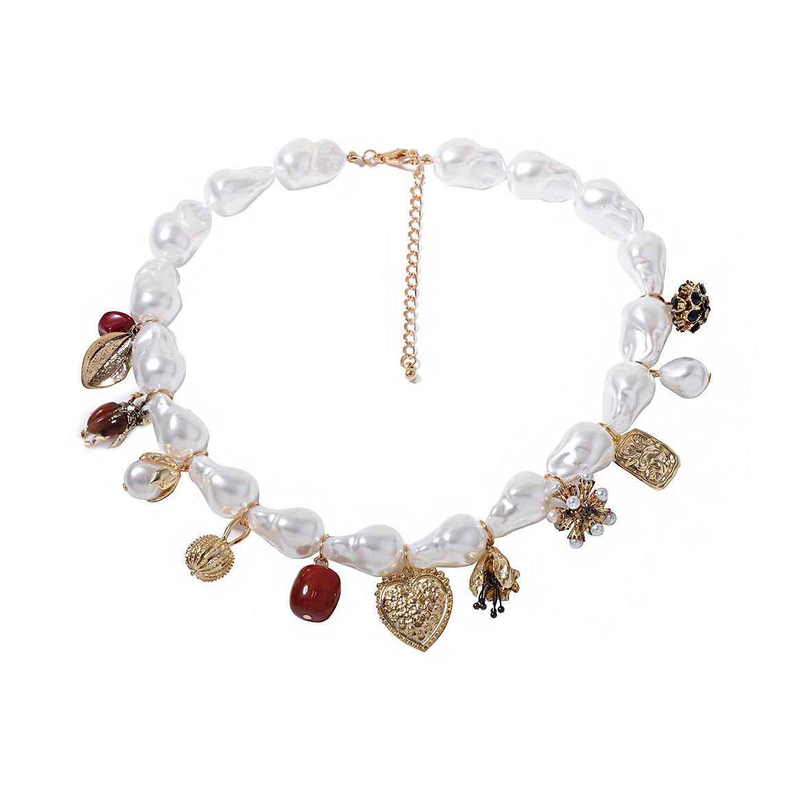 Elegant Minimalist Baroque-Inspired Heart and Gemstone Pendant Necklace with Faux Pearls – Perfect for Everyday Casual Wear