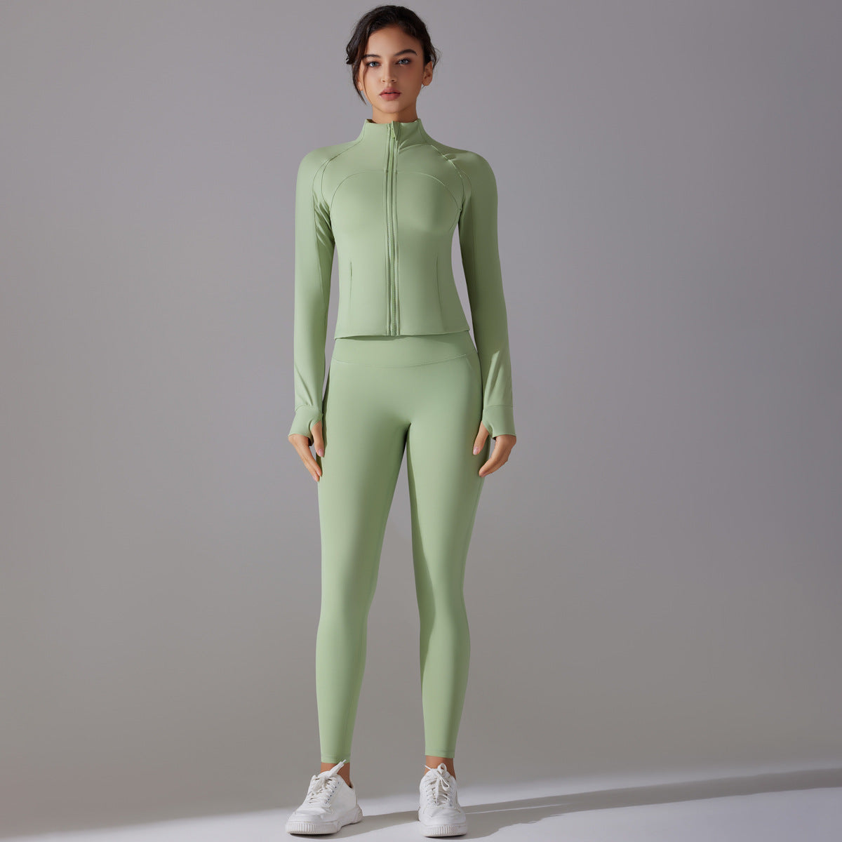 Women's Antimicrobial Long Sleeve Yoga Set with Stand Up Collar and Zipper Full Length Sports Suit for Comfort and Support No Underwear Required