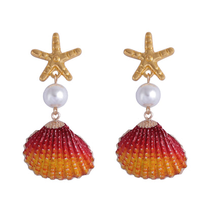 Unique Ocean-Inspired Colorful Shell and Faux Pearl Starfish Earrings for Women – Creative Design, Perfect for Beach Lovers