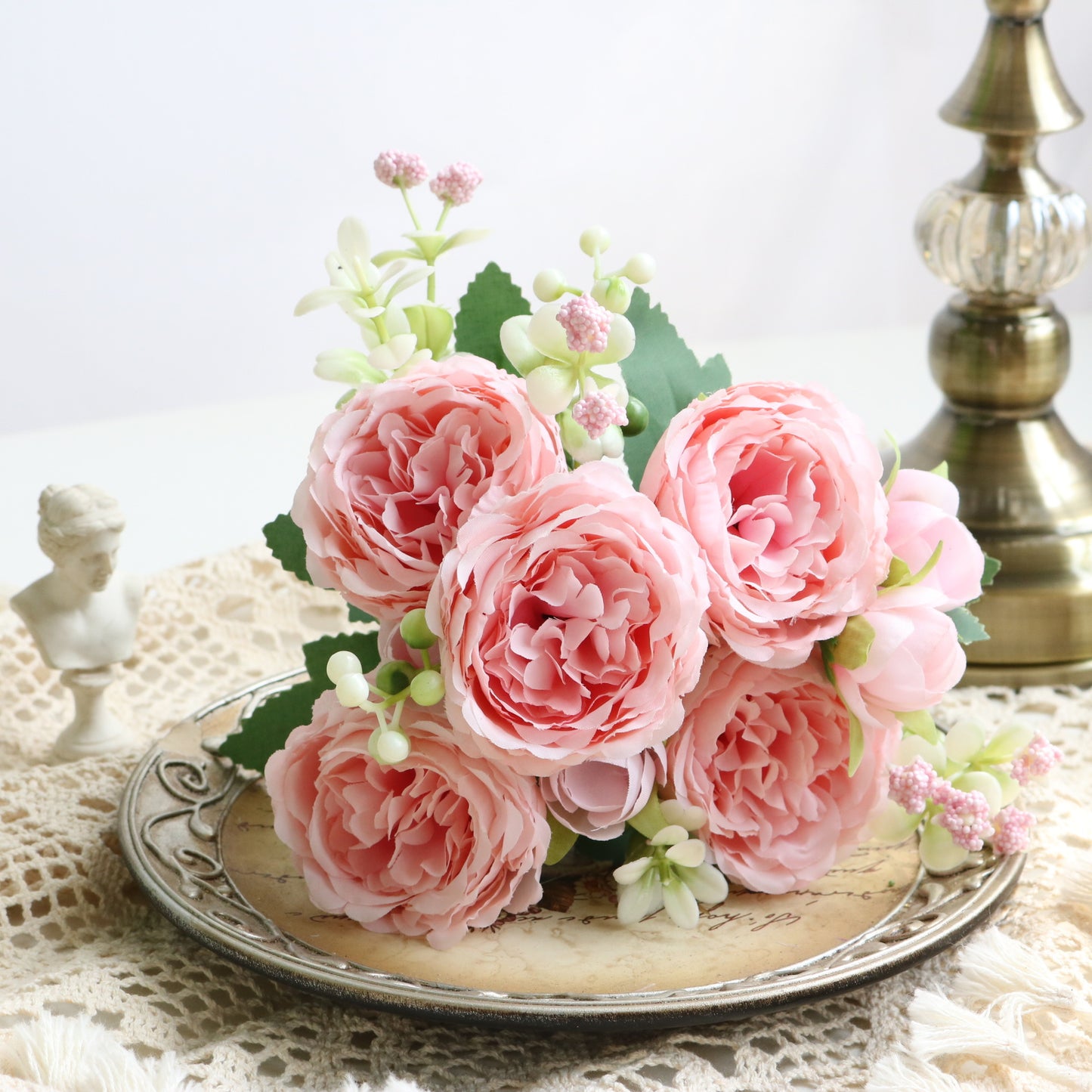 Realistic 5-Head Mini Rose Bouquet – Korean-Style Faux Peony and Persian Rose Arrangements for Home Decor and Wedding Enhancements