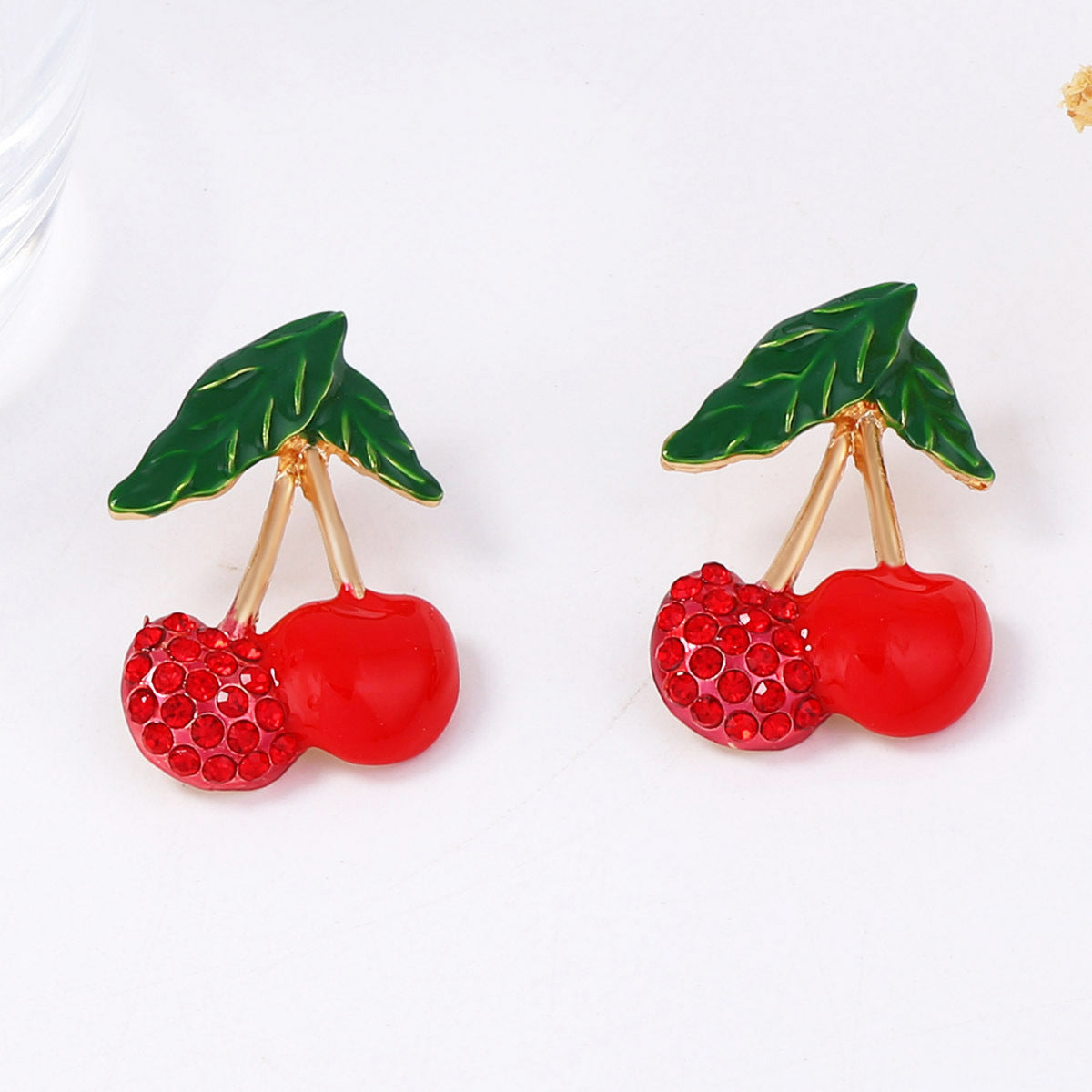Charming Korean-Inspired Enamel Cherry Stud Earrings with Sparkling Zircon Stones – Elegant, Minimalist, and Perfect for Everyday Wear