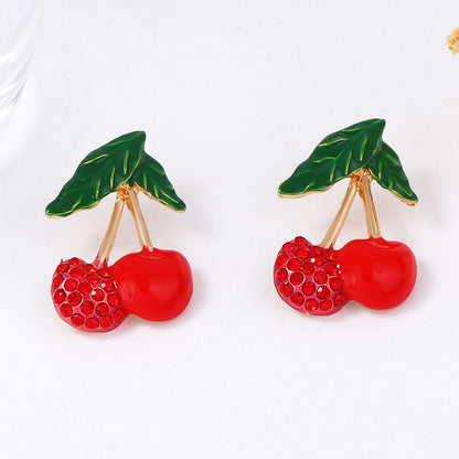 Charming Korean-Inspired Enamel Cherry Stud Earrings with Sparkling Zircon Stones – Elegant, Minimalist, and Perfect for Everyday Wear