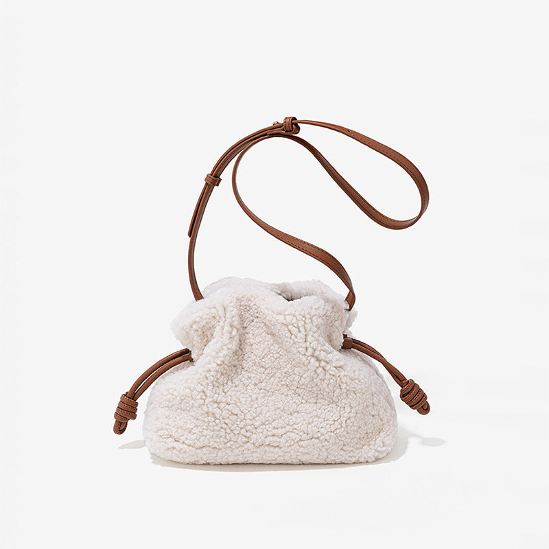 Cozy Sheepskin Drawstring Tote Bag for Fall Winter Versatile Plush Shoulder and Crossbody Bag with Lazy Chic Vibe