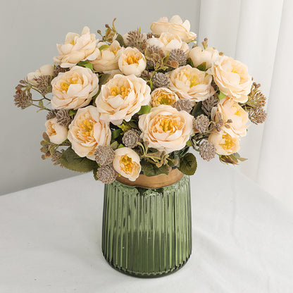 Elegant European-Inspired Faux Rose Bouquet with 7 Head Snowflake Peonies - Perfect for Living Room and Coffee Table Décor