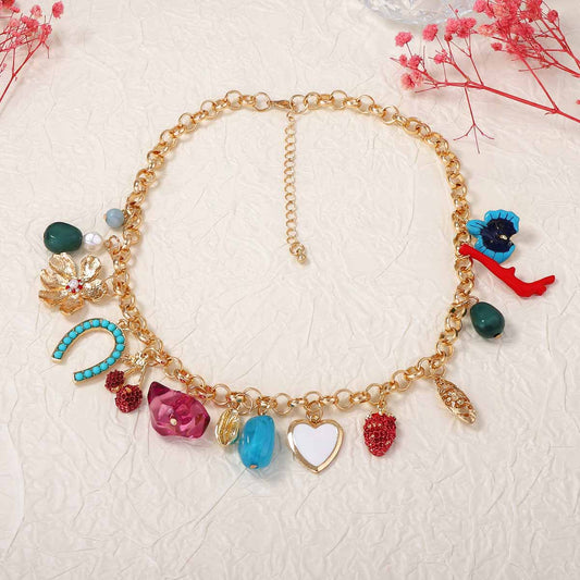 Personalized Heart-Shaped Flower Pendant Necklace with Micro-Paved Zircon Stones, Strawberry, and Cherry Accents – A Unique and Elegant Gift for Her
