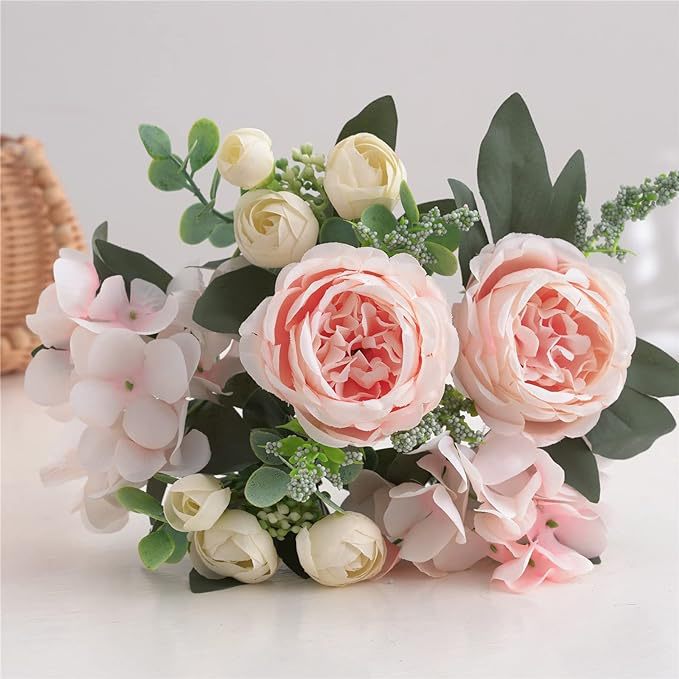 Beautifully Realistic Peony Flower Bud Bouquet for Home Décor – Perfect Silk Roses, Peonies, and Daisies Arrangement for Elegant Vase Display