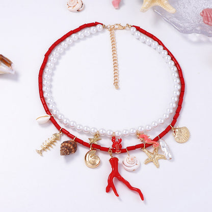 Trendy Minimalist Ocean-Inspired Double-Layer Pendant Necklace with Faux Pearl, Starfish, Seashell, and Coral Accents - Perfect for Casual Vacations and Beach Getaways