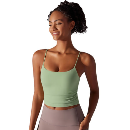 Chic Solid Color Pleated Back Sports Bra with Thin Straps for Yoga Running Fitness Workouts