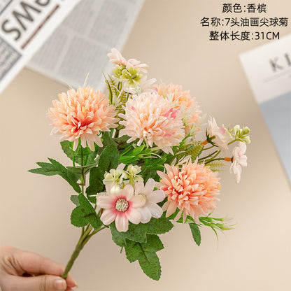 7-Head Artistic Oil Painting Ball Chrysanthemum Home Decor - INS Style Faux Flowers for Wedding and Celebration - Model MW81003