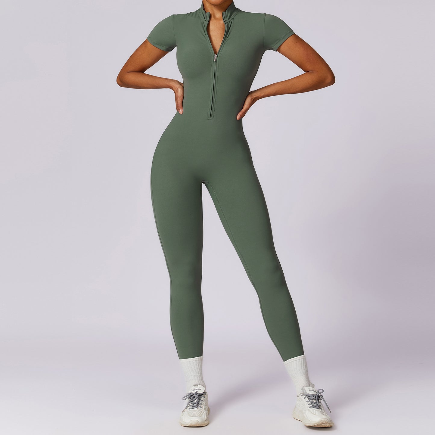 Women's Zip Front Short Sleeve Yoga Bodysuit and Comfortable All in One Fitness Outfit for Active Wear Model 8305