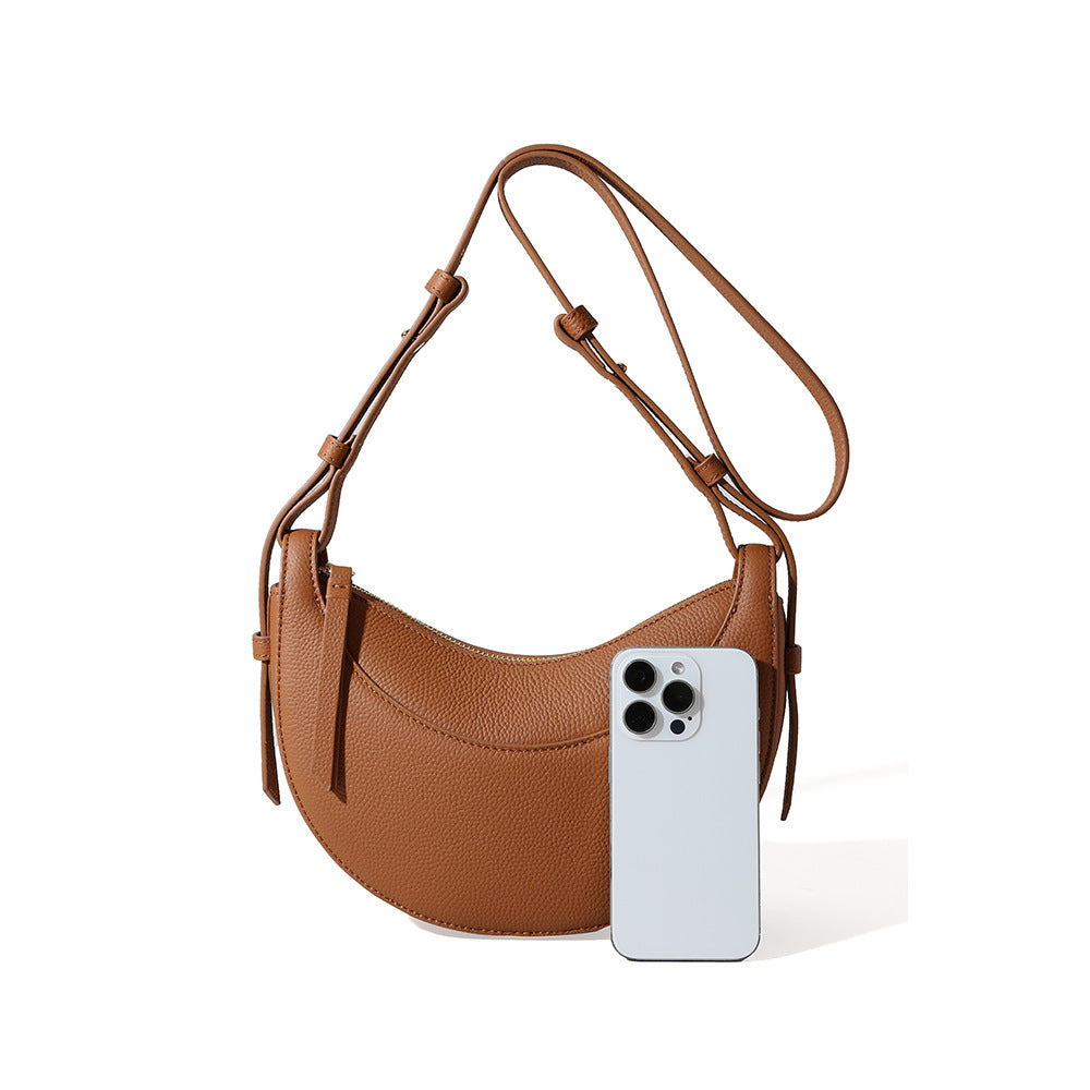 Genuine Leather Women's Fashion Shoulder Bag Chic and Versatile Lychee Texture Crescent Crossbody Bag with Large Capacity for Everyday Elegance