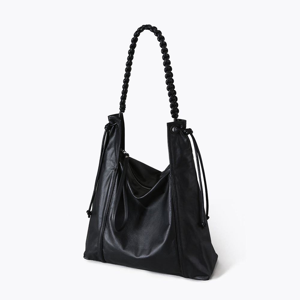 Grain Leather Tote Bag with Unique Braided Design Chic Versatile and Spacious Shoulder Bag for Fashion Forward Elegance