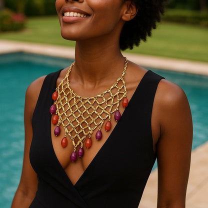 Chic Luxury Beaded Pendant Necklace with Metal Mesh Design – Versatile & Casual Elegance for Every Occasion