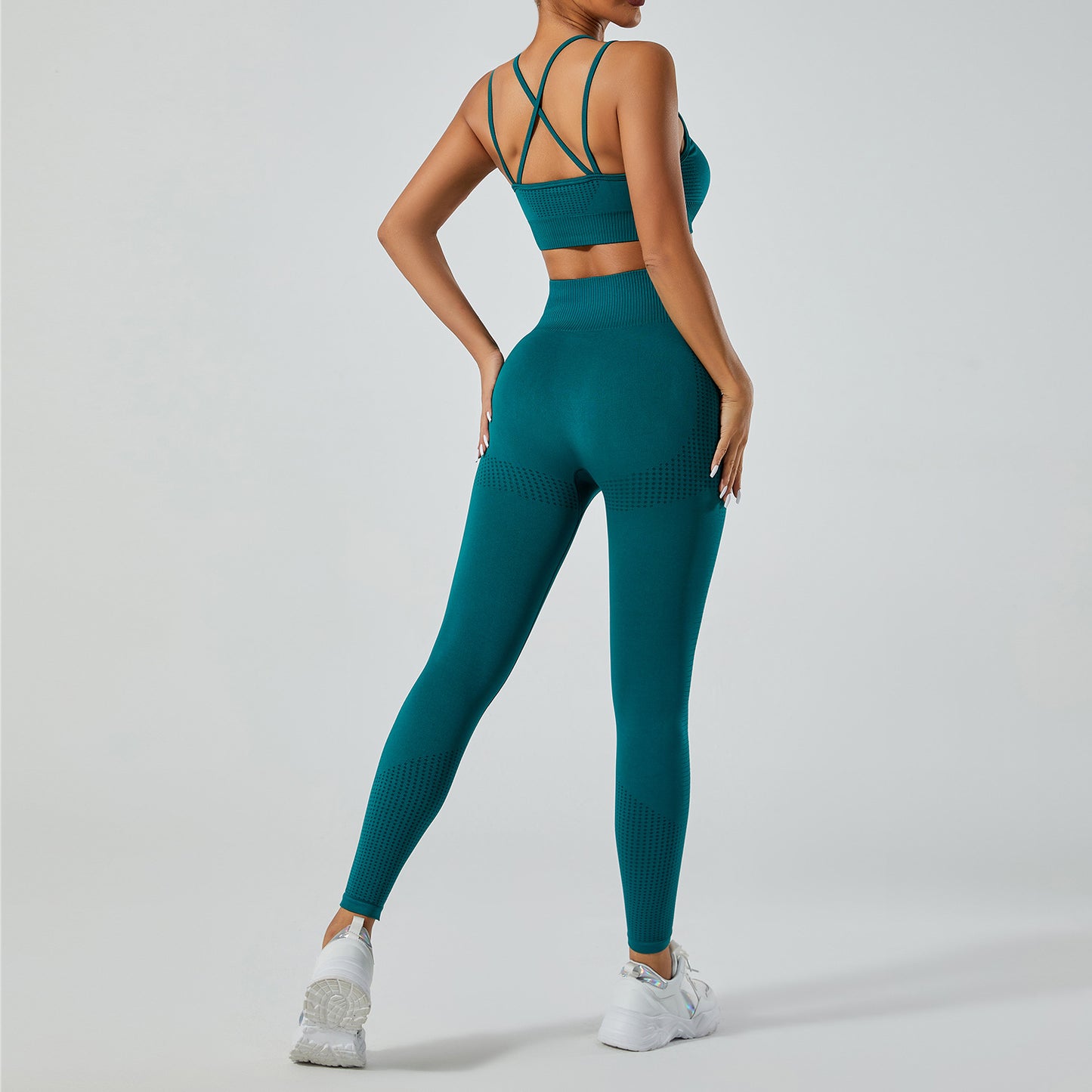 Seamless Jacquard Yoga Outfit for Women Butt Lifting High Waisted Fitness Leggings and Sports Bra Set for Running and Workouts