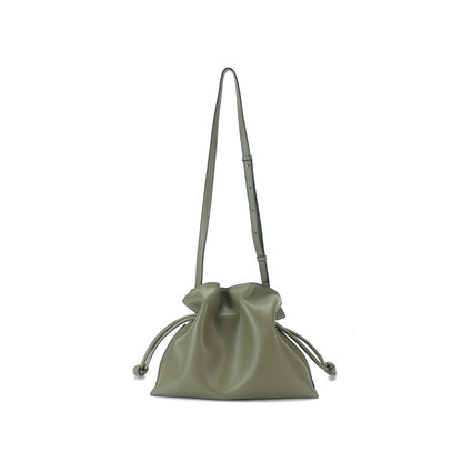 Genuine Leather Women's Drawstring Bucket Bag and Versatile Chic Crossbody and Shoulder Bag with Ruched Design for Everyday Use