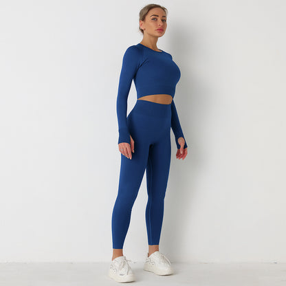 Seamless Solid Color Knit Long Sleeve Yoga Set with Full Length Pants Activewear for Fitness Gym and Outdoor Activities