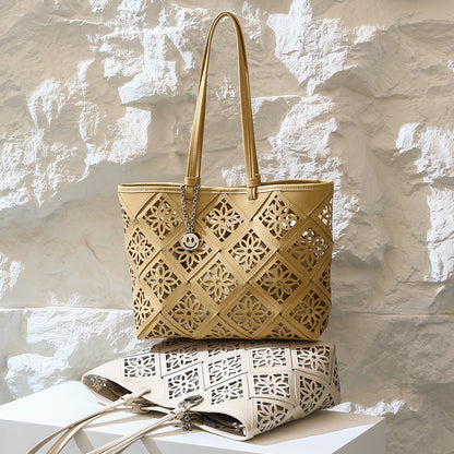 Genuine Leather Women's Spring Summer Tote Bag Large Capacity Designer Cowhide Shoulder Bag with Elegant Hollow Floral Design Versatile and for Every Occasion