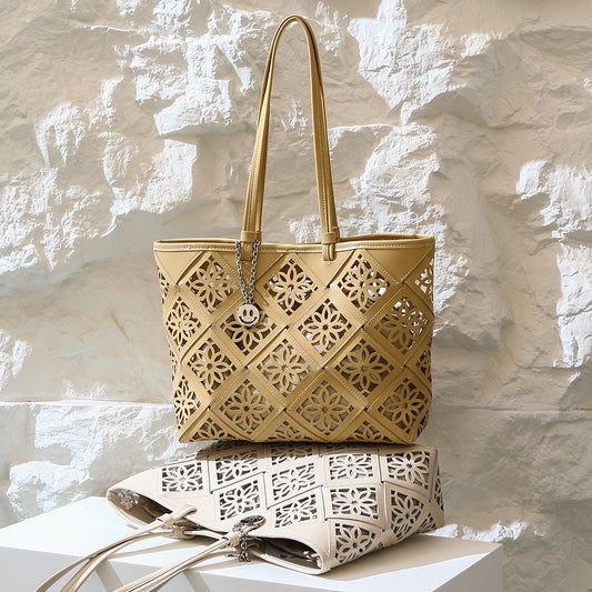 Genuine Leather Women's Spring Summer Tote Bag Large Capacity Designer Cowhide Shoulder Bag with Elegant Hollow Floral Design Versatile and for Every Occasion