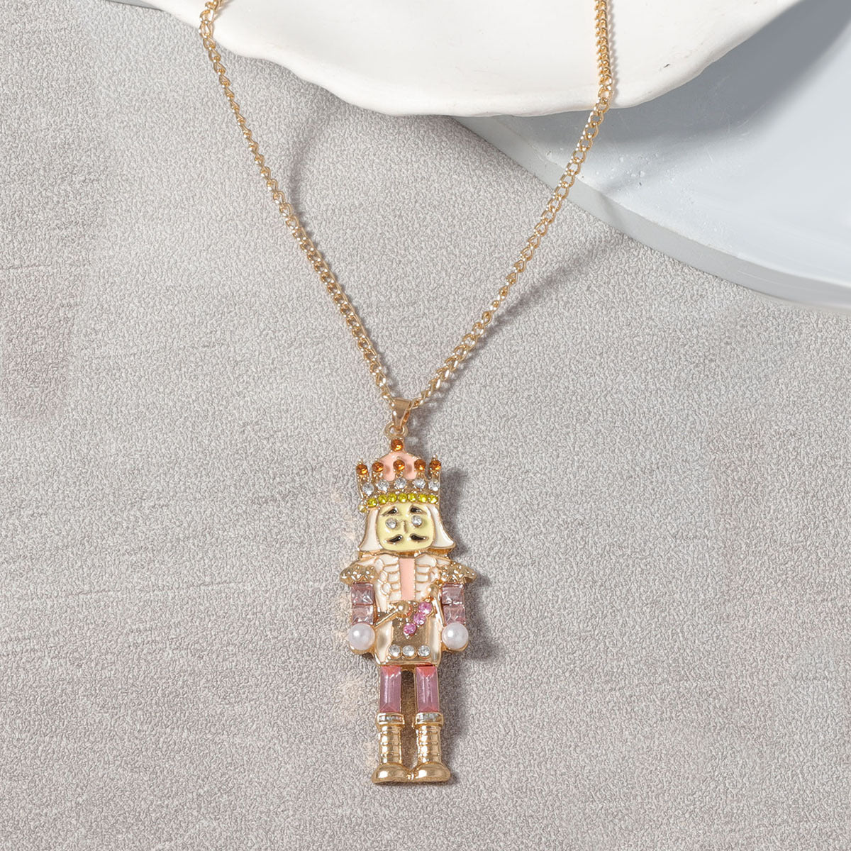 Creative Cartoon Alloy Drip Oil Nutcracker Soldier Pendant Necklace with Zirconia Stones - Versatile Everyday Accessory for Unique Style