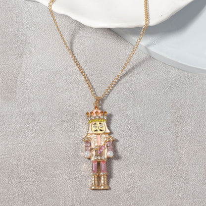 Creative Cartoon Alloy Drip Oil Nutcracker Soldier Pendant Necklace with Zirconia Stones - Versatile Everyday Accessory for Unique Style