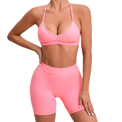 Soft Brushed Fabric Women's Fitness Set Sports Bra High Waisted Shorts and Racerback Tank Top for Running Yoga and Gym Workouts