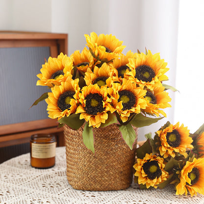 Vibrant 5-Pronged Sunflower Bouquet - Lifelike Decorative Flowers for Home Living Room Decor, Perfect for Photoshoots and Lasting Beauty