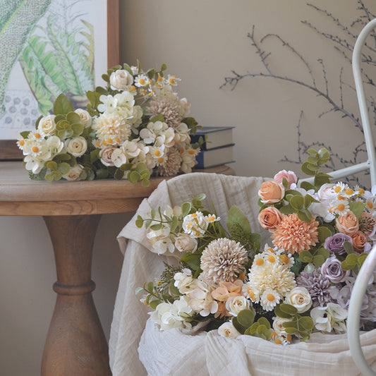 Vintage-Inspired Faux Floral Arrangement with Autumn Colors - 7-Branch Hydrangea and Rose Bouquet for Wedding Arches and Aisle Decorations - Realistic Chamomile Accents for Timeless Elegance