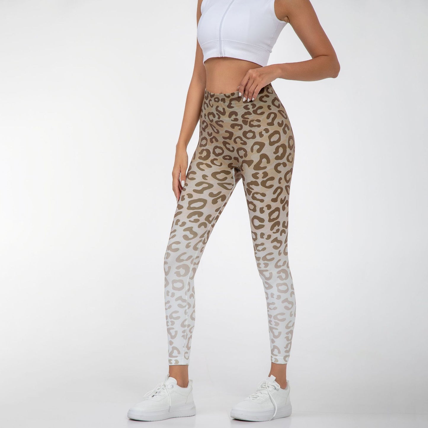 Seamless Gradient Leopard Print 3 4 Yoga Pants Stretchy Quick Dry Leggings for Outdoor Running Fitness and Active Wear