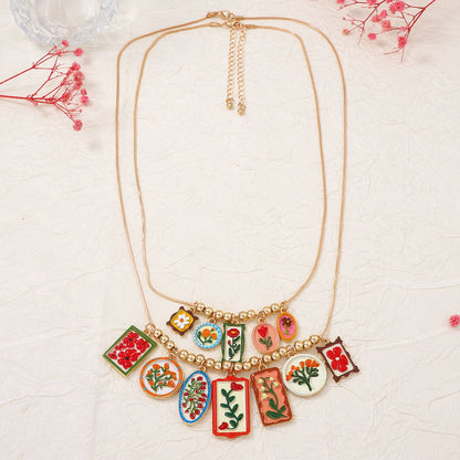 Unique Geometric Alloy Pendant Necklace with Colorful Print - Stylish Multi-Layered Casual Accessory for Every Occasion