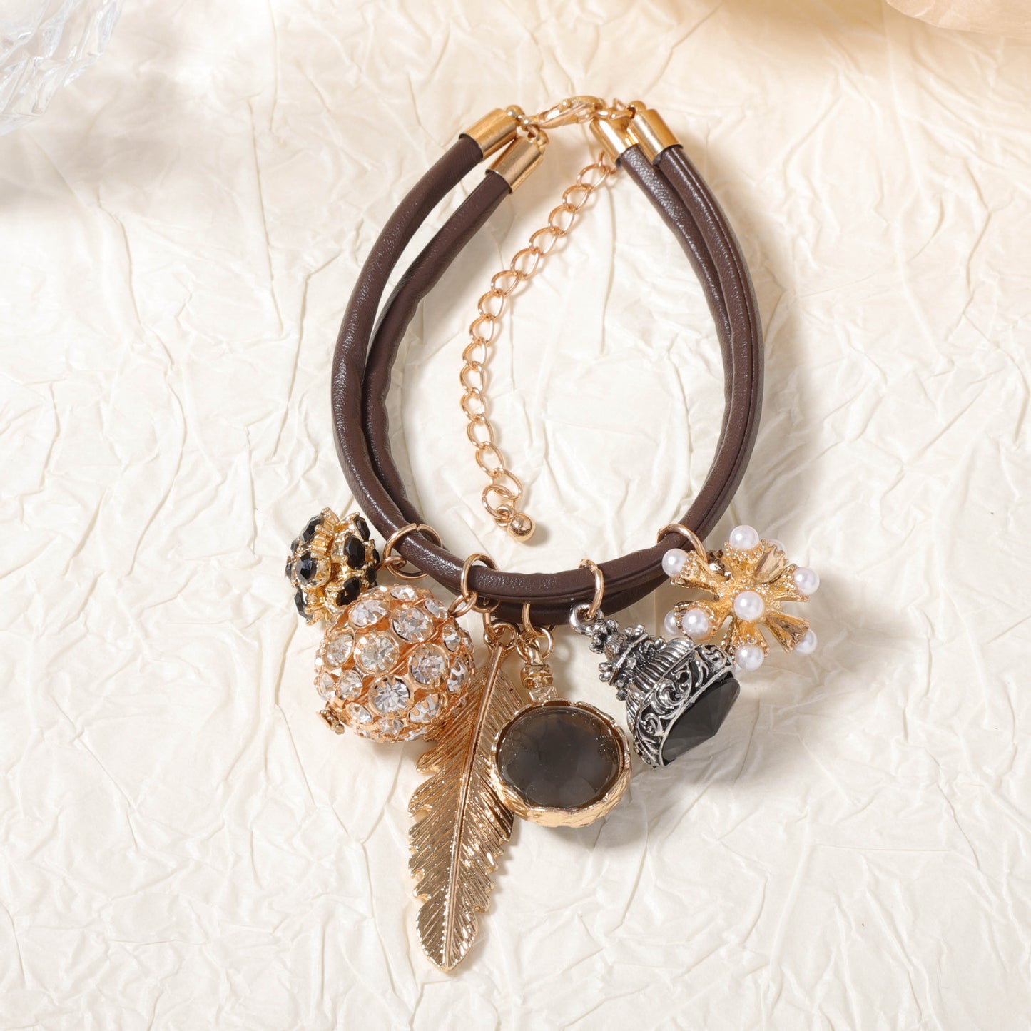Elegant Double-Layer Alloy Pendant with Zirconia Stone in Geometric Sphere and Leaf Design – Stylish Casual Bracelet for Women