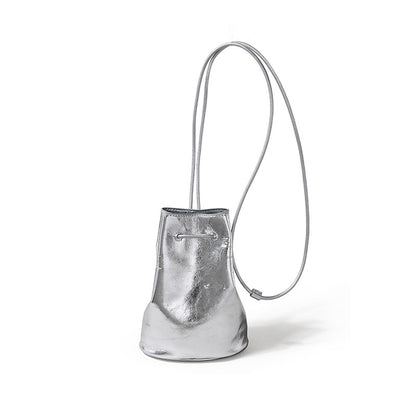 Chic Korean Style Drawstring Bucket Bag Genuine Leather Women's Minimalist Crossbody and Shoulder Bag in Grain Cowhide