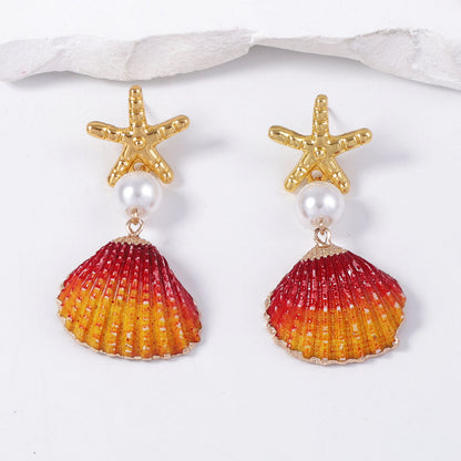 Unique Ocean-Inspired Colorful Shell and Faux Pearl Starfish Earrings for Women – Creative Design, Perfect for Beach Lovers