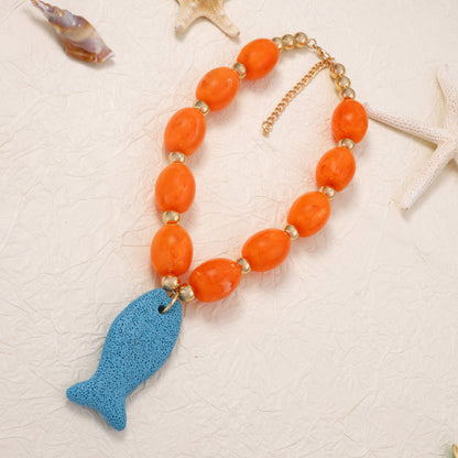 Stunning Casual Ocean-Inspired Volcanic Stone Fish Pendant Beaded Necklace - Unique Statement Accessory for Women