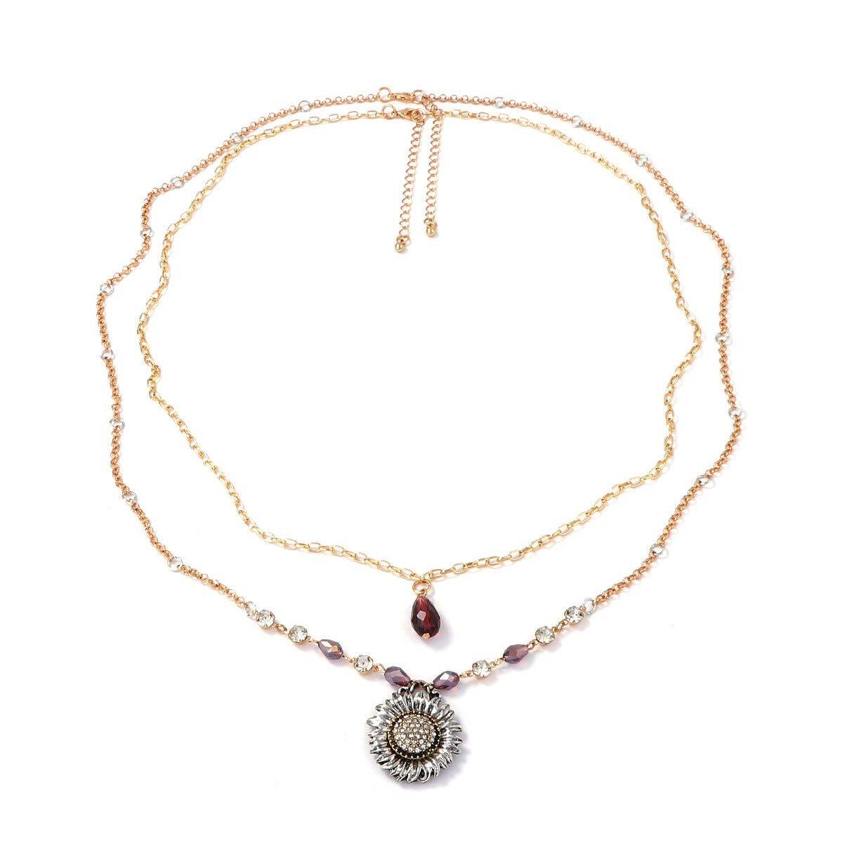 Bohemian-Inspired Vintage Geometric Alloy Sunflower Pendant Necklace with Double Layer Chain for Women - Unique, Stylish, and Perfect for Everyday Wear