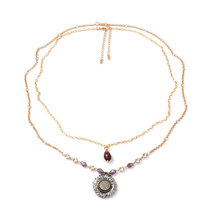 Bohemian-Inspired Vintage Geometric Alloy Sunflower Pendant Necklace with Double Layer Chain for Women - Unique, Stylish, and Perfect for Everyday Wear