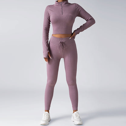 Seamless Ribbed Yoga Set with Zip Up Long Sleeve Top and Drawstring Trousers for Fitness and Workout Enthusiasts