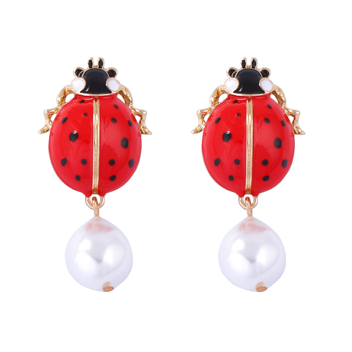 Creative Alloy Design Adjustable Dripping Oil Insect Ladybug Pendant Earrings with Faux Pearl Accents for Women - Unique Fashion Accessories