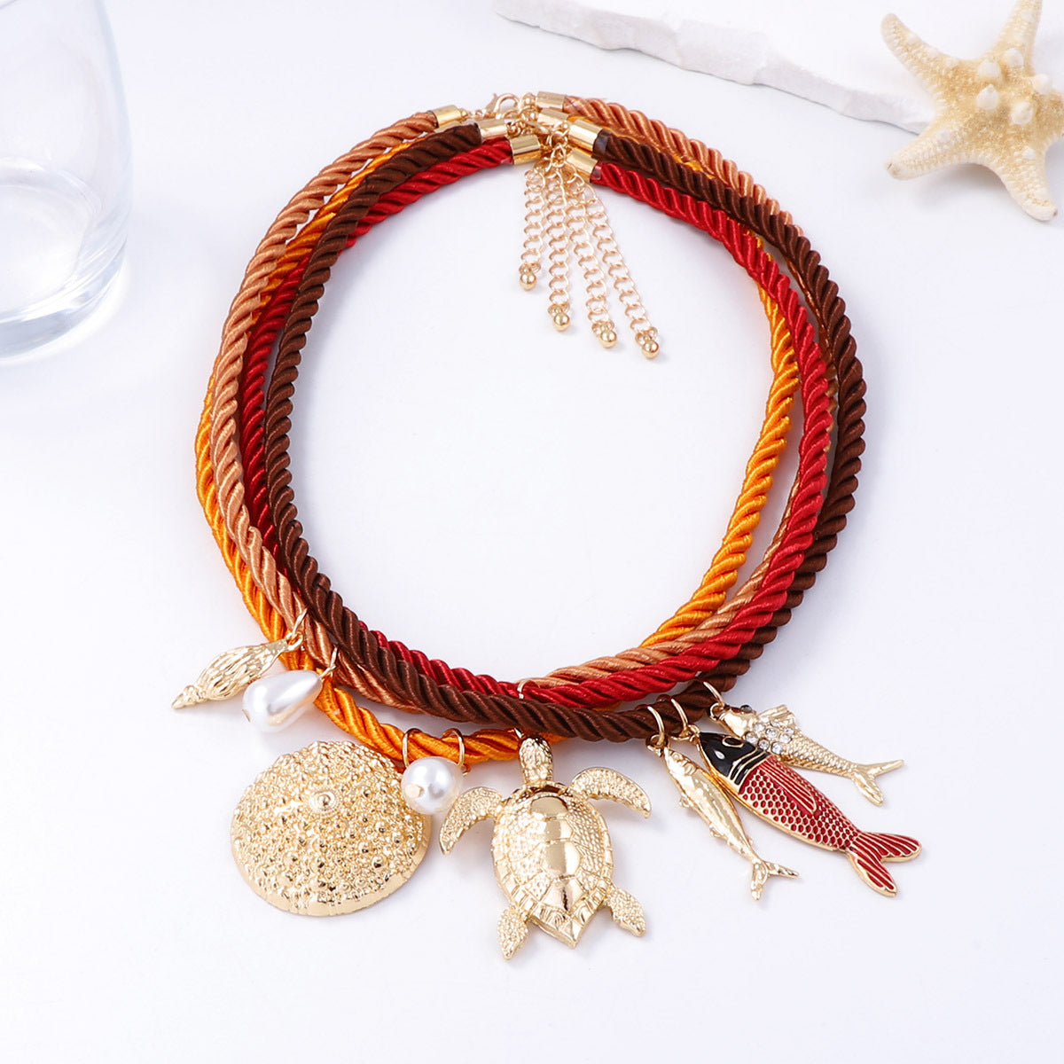 Handcrafted Summer Ocean-Inspired Colorful Rope Necklace with Unique Alloy Marine Animal Pendants – Perfect Accessory for Beach Lovers
